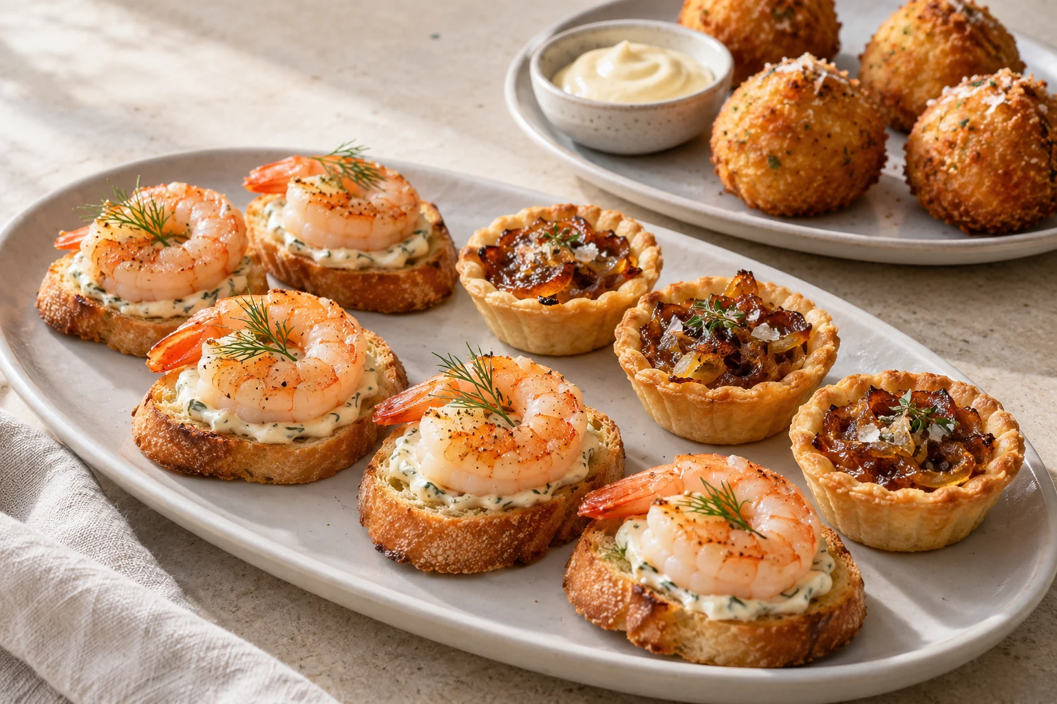 Prawn crostini, tartlets and arancini arranged ready for canapé service