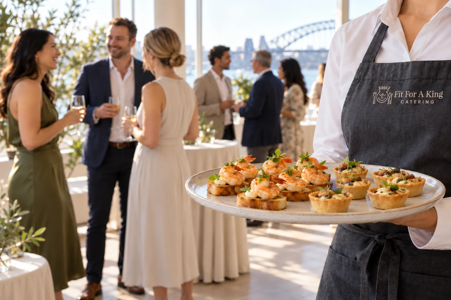 An attendant serving canapés while guests gather and talk