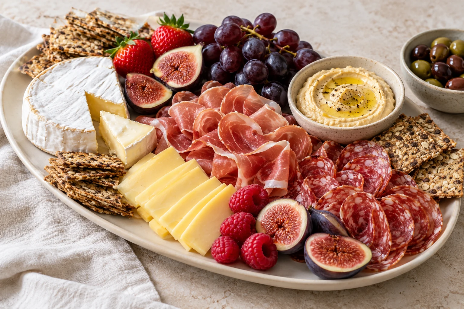Cheese, antipasto, fruit and crispbread arranged as a generous grazing selection
