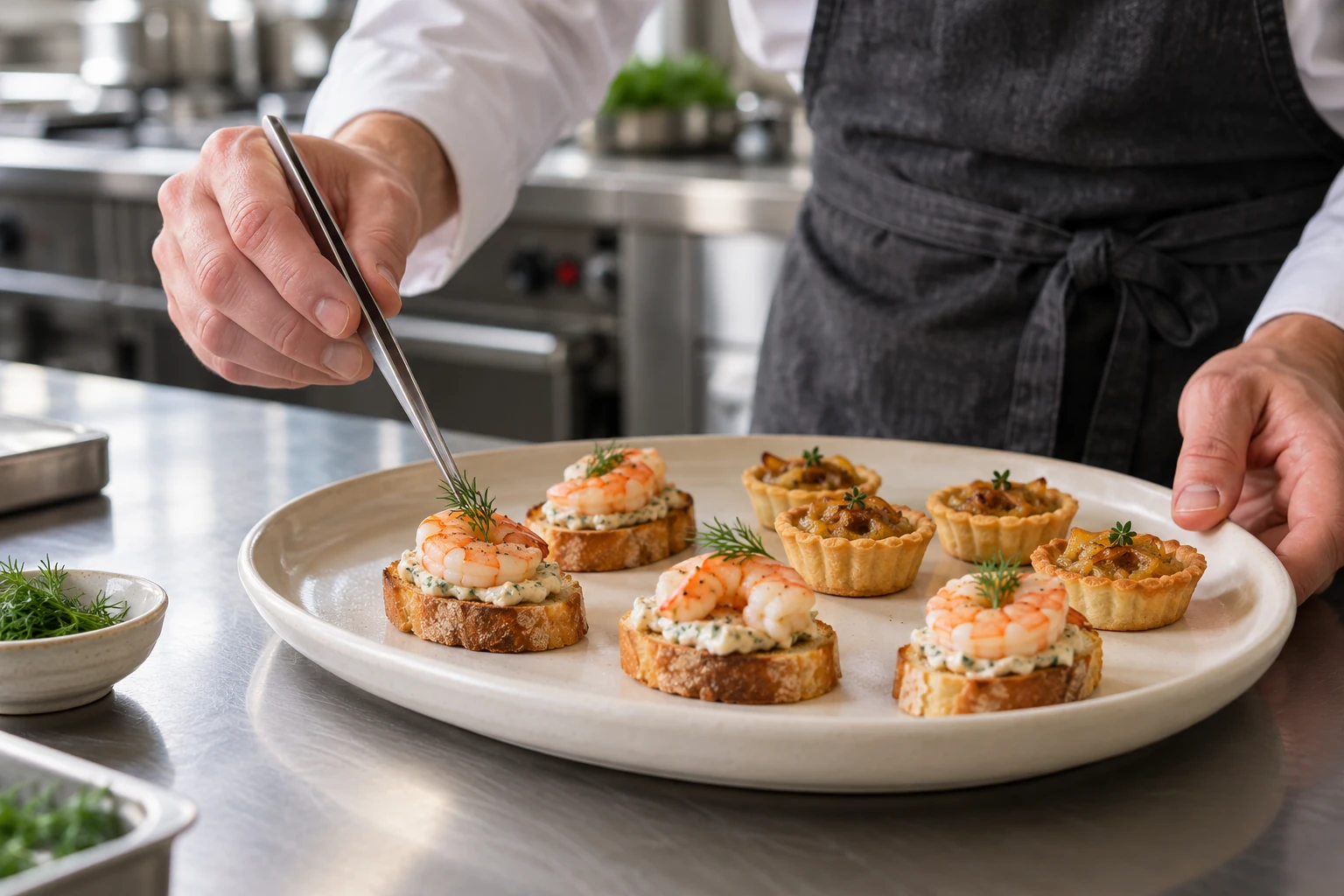 A chef carefully finishing prawn crostini with small tongs
