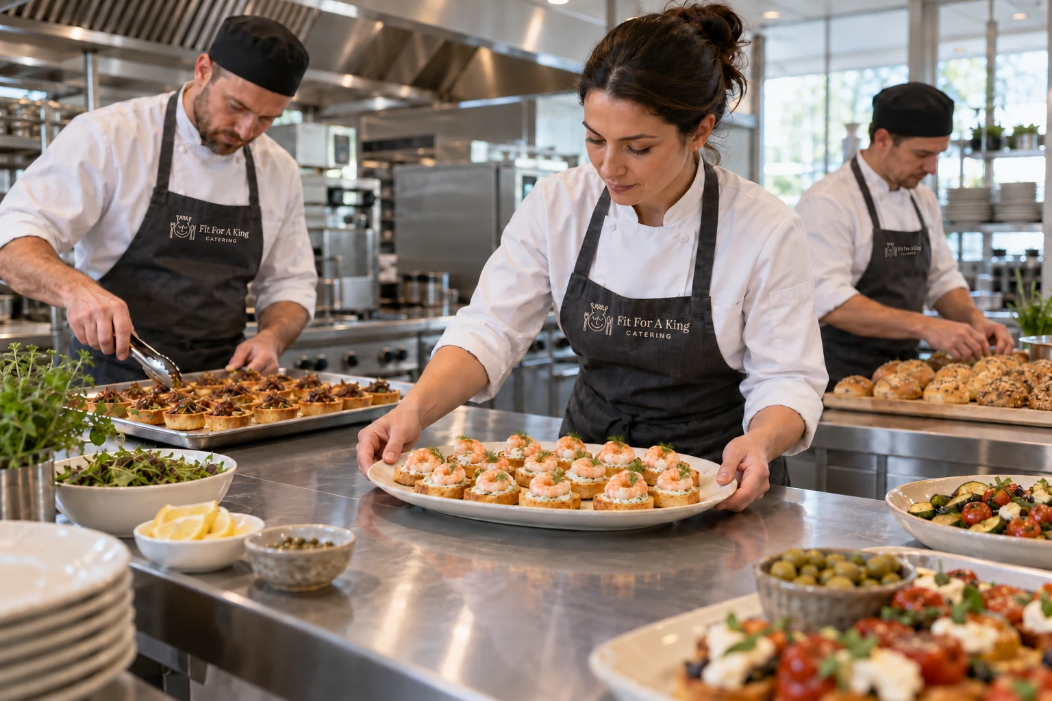 Three chefs preparing shared catering at a commercial kitchen bench