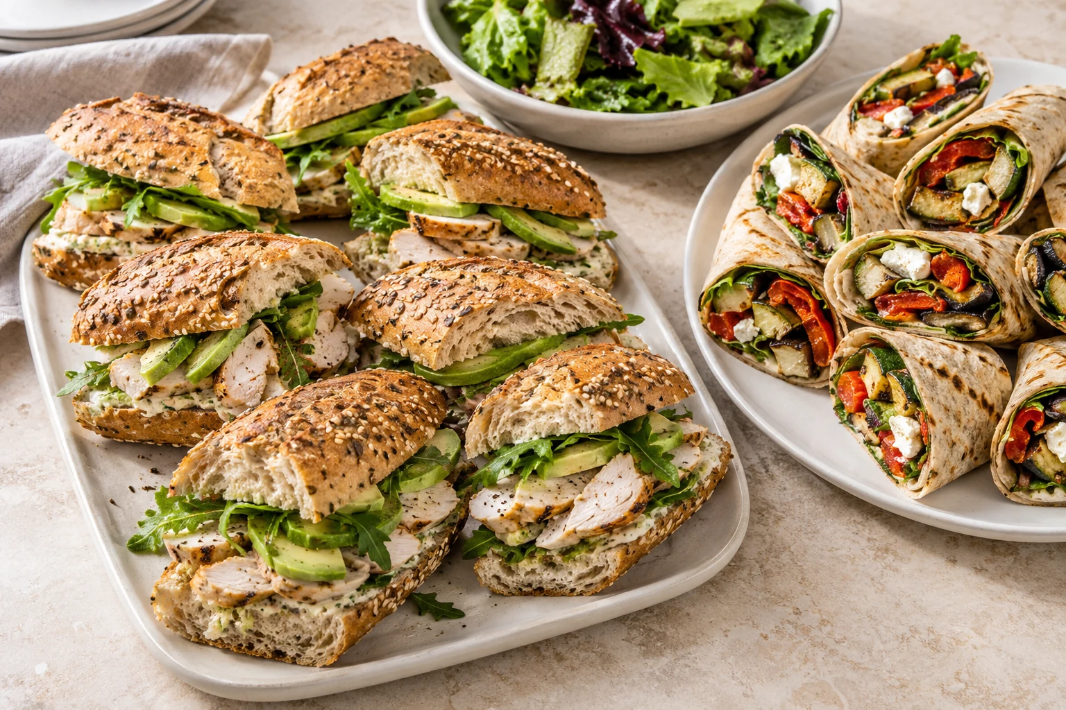 Freshly filled seeded rolls and wraps presented for a shared workplace lunch