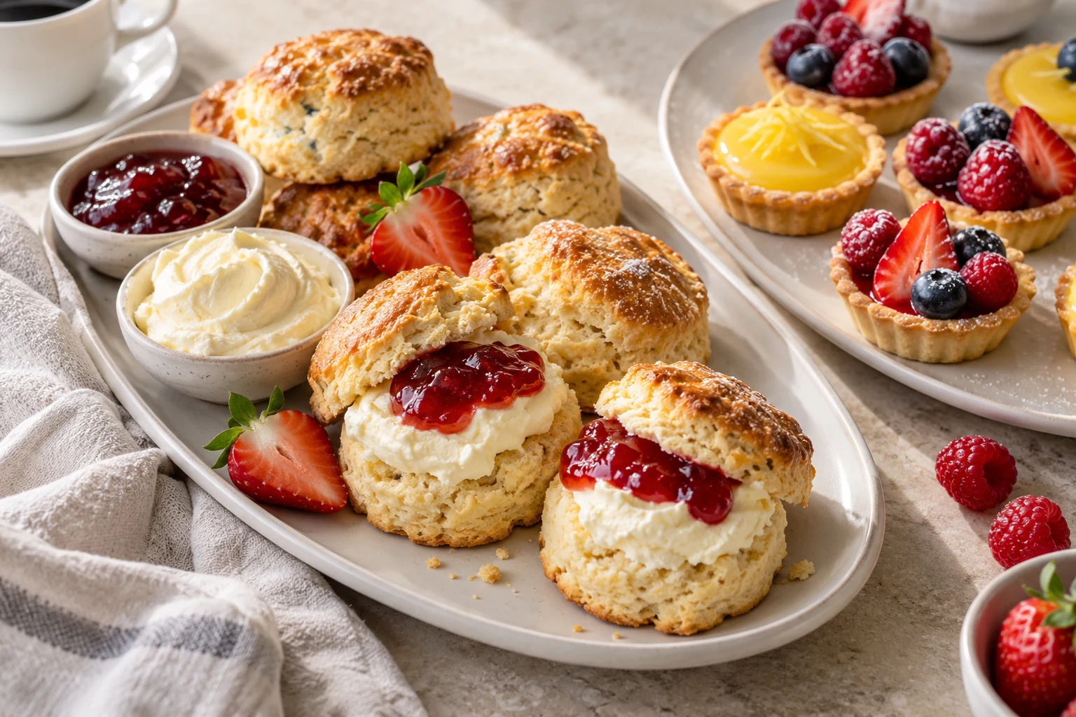 Scones with jam and cream alongside small fruit and lemon tarts