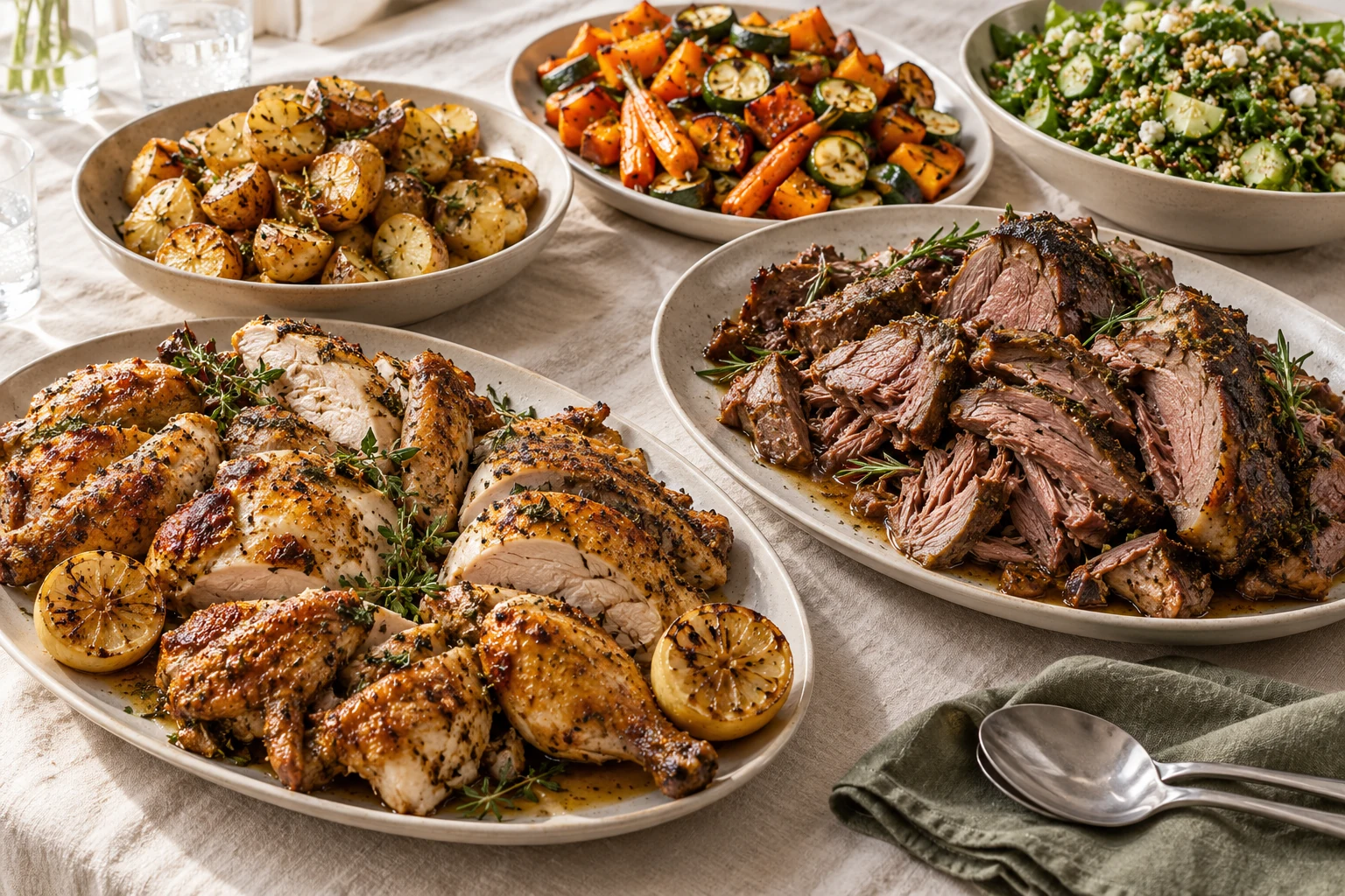 A shared table of roast chicken, slow-cooked lamb, potatoes, vegetables and salad